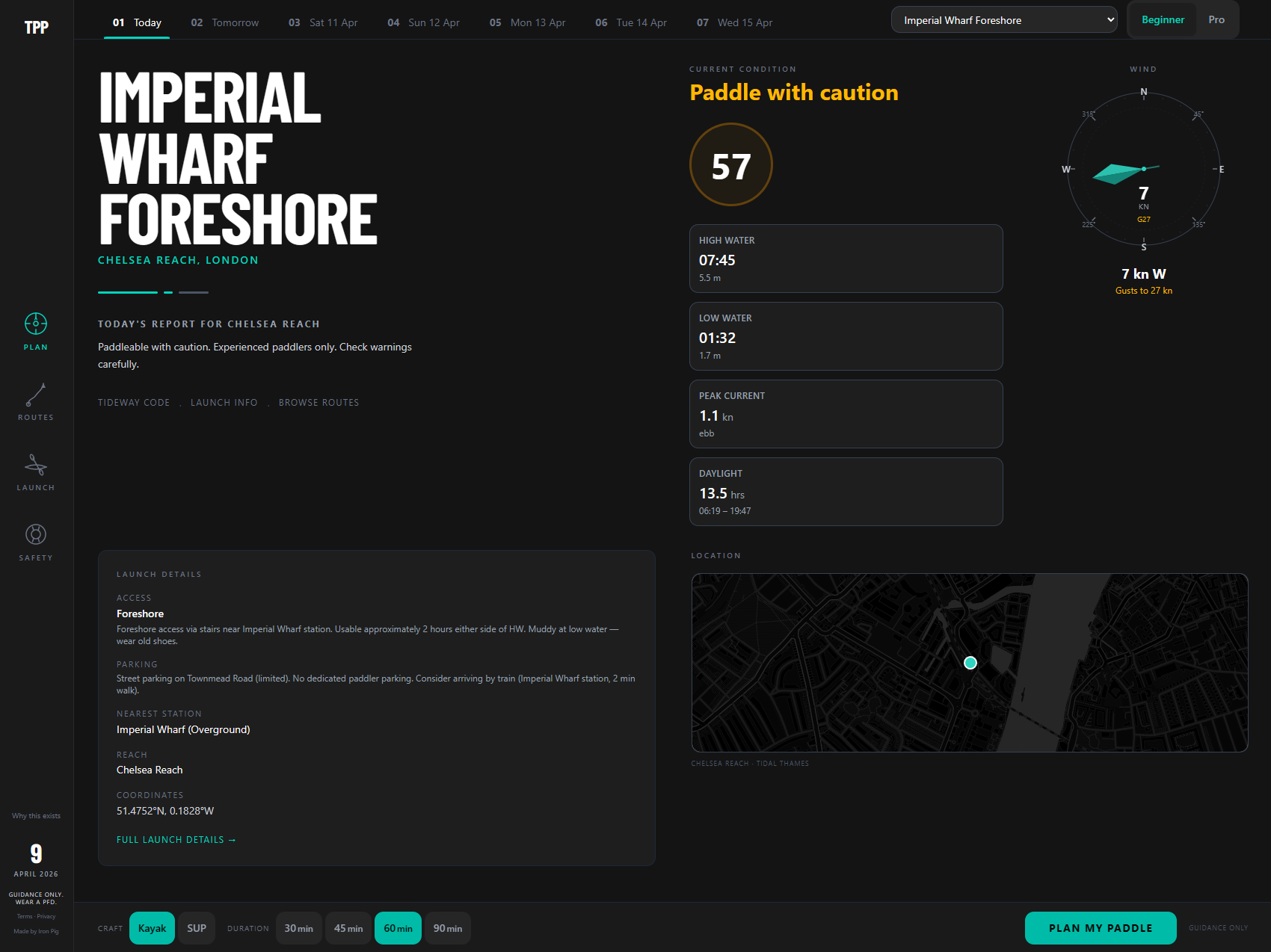 Thames Paddle Planner homepage screenshot