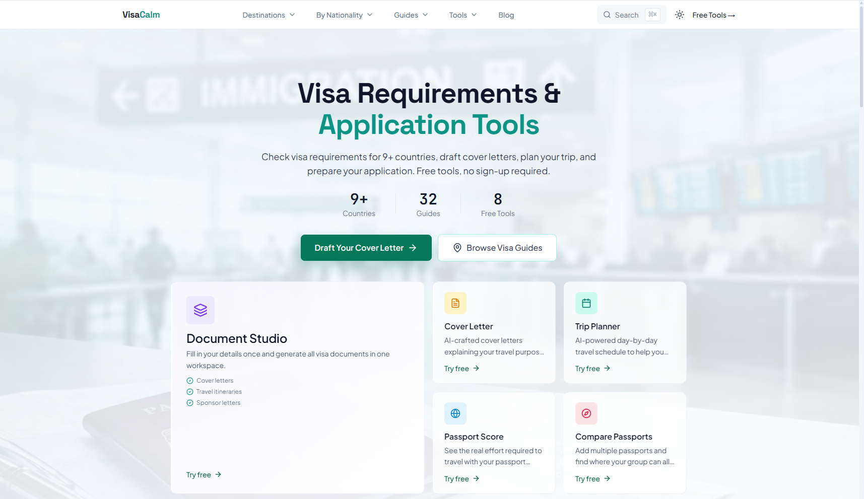 Visa Requirements homepage screenshot