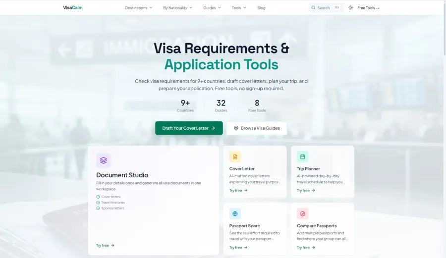 Visa Requirements homepage screenshot